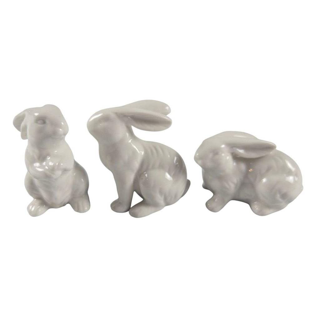 White Ceramic Bunny Rabbit Figurines Set of 3 Easter Spring Cottage Decor